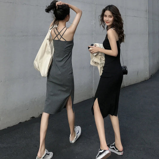 Y2k Korean Fashion Dress Woman Summer Midi Vintage Black Sexy Corset Beach Boho Bandage Backless Casual Dresses Women Clothes 