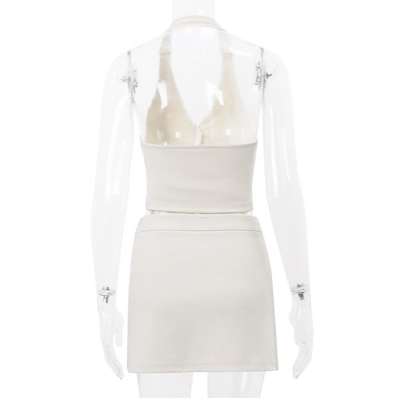 Fairycore Buttom Up Backless Halter Neck Crop Tops +Mini Skirt Matching Suit Outfits Hotsweet 2 Piece Skirt Set Streetwear