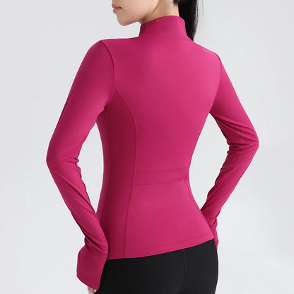 Gym Women's Full Zip Yoga Top With Thumbholes Fitness Running Jacket Stretch Fit Long Sleeve Round Neck Top Sportswear