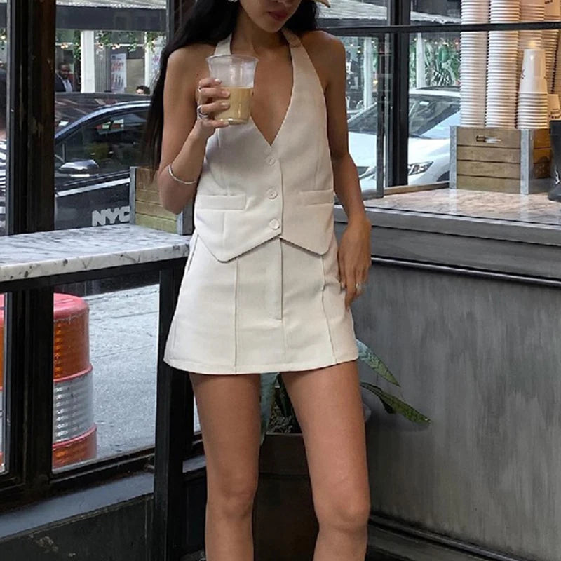 Fairycore Buttom Up Backless Halter Neck Crop Tops +Mini Skirt Matching Suit Outfits Hotsweet 2 Piece Skirt Set Streetwear
