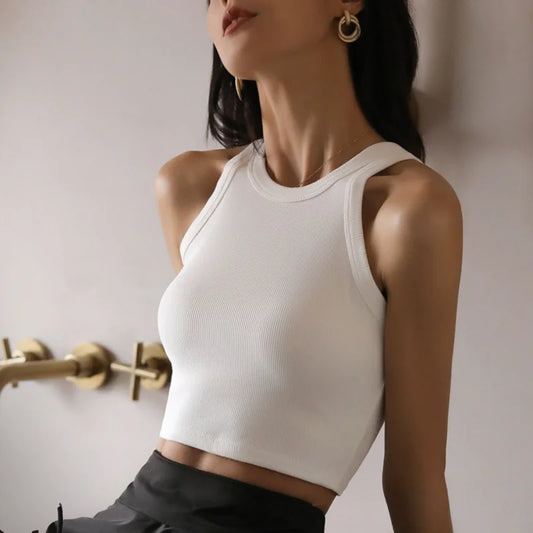 DOIAESKV White Tank Top Women Summer Sexy Crop Top Femme Casual Fitness Short Black Vest Off Shoulder Women Clothes 2021
